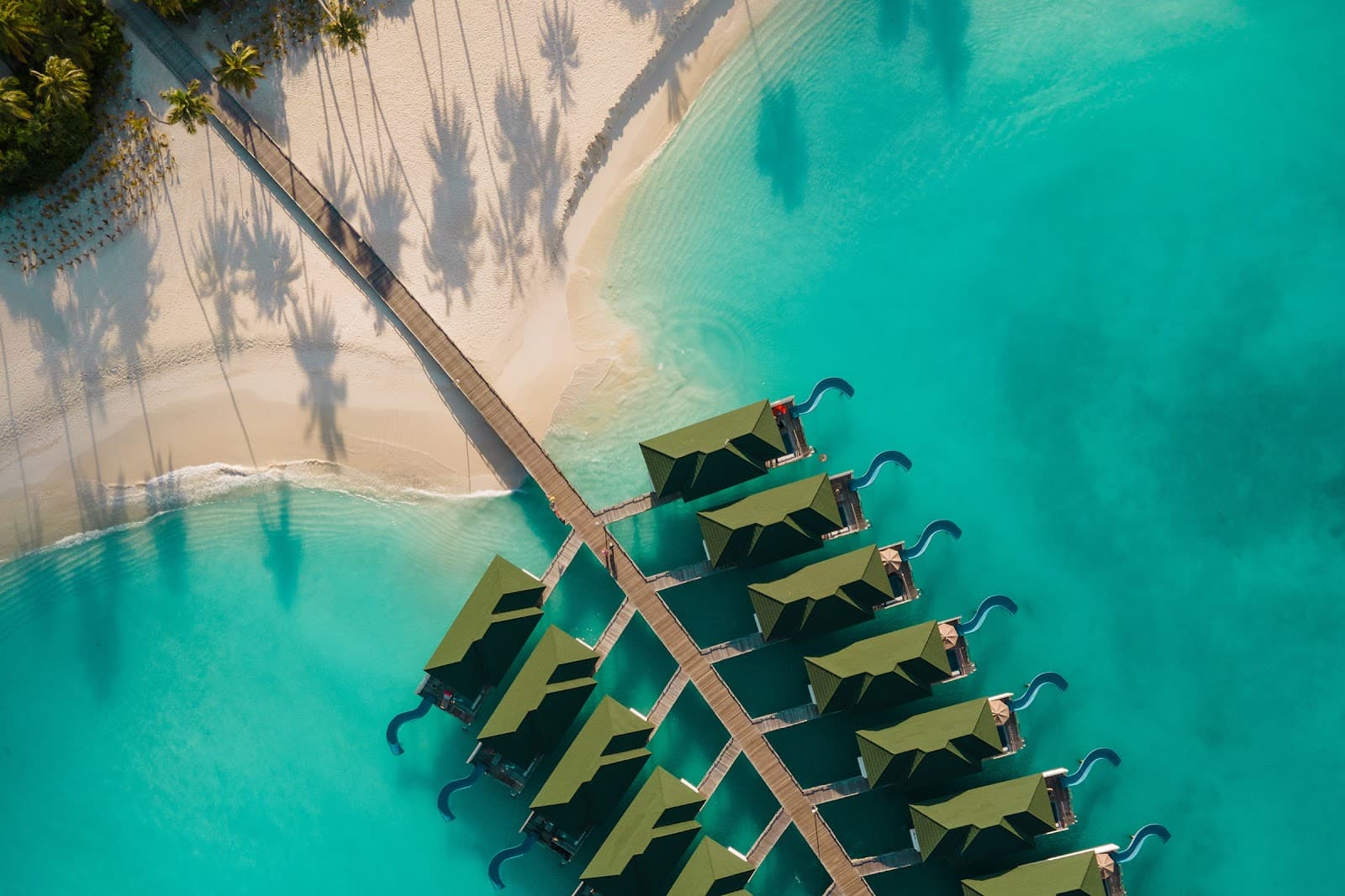 Breathtaking aerial view of iconic overwater villas.