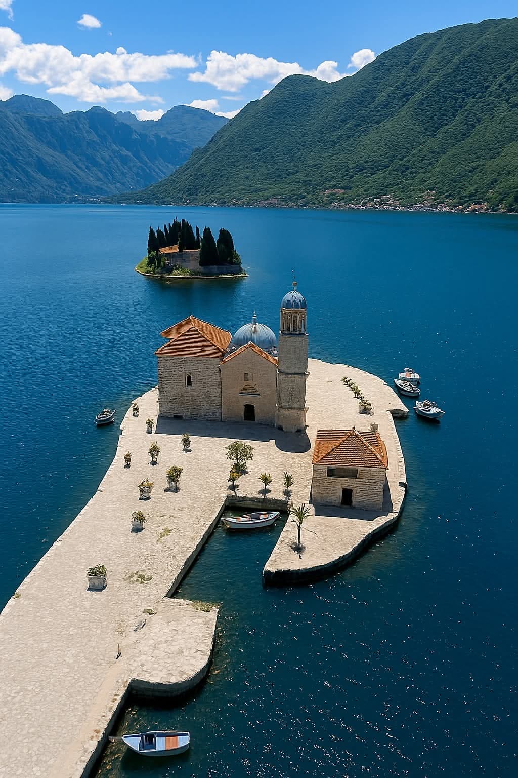 Aerial view of Our Lady of the Rocks island and church.