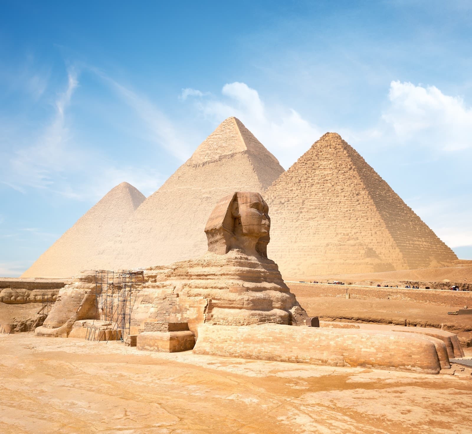 Iconic panoramic view of the Great Pyramids and the Sphinx.