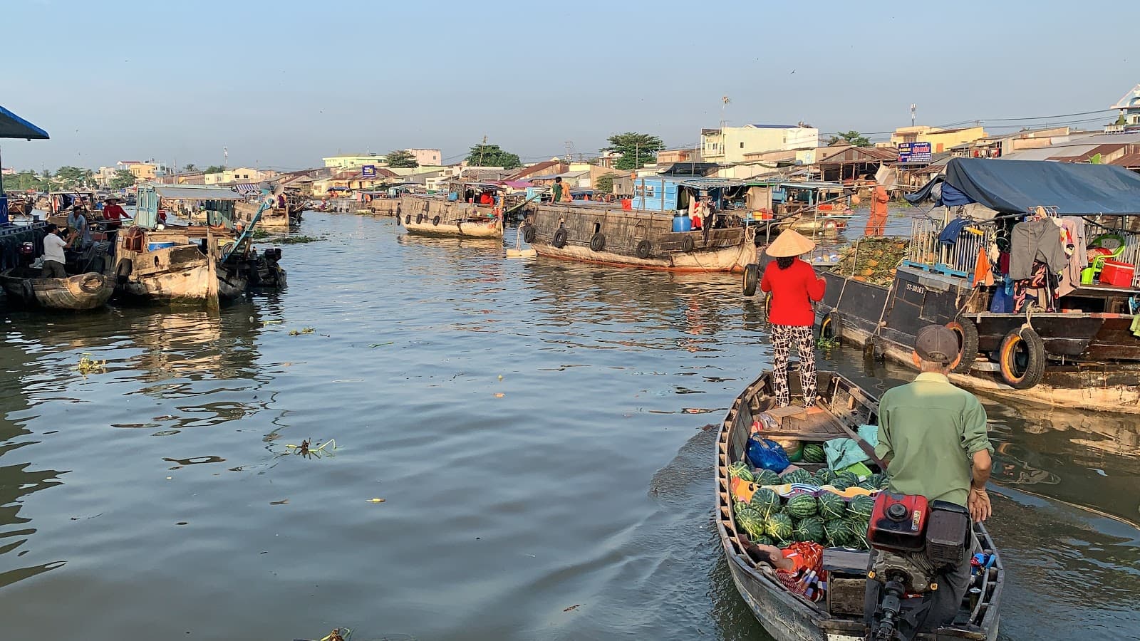 Iconic view of boats at Cai Rang Floating Market.