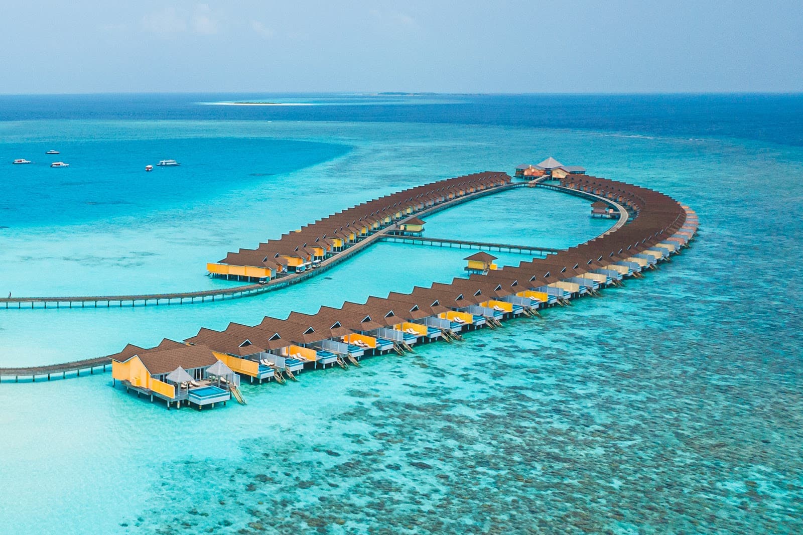 Aerial view of the stunning overwater villa jetty.