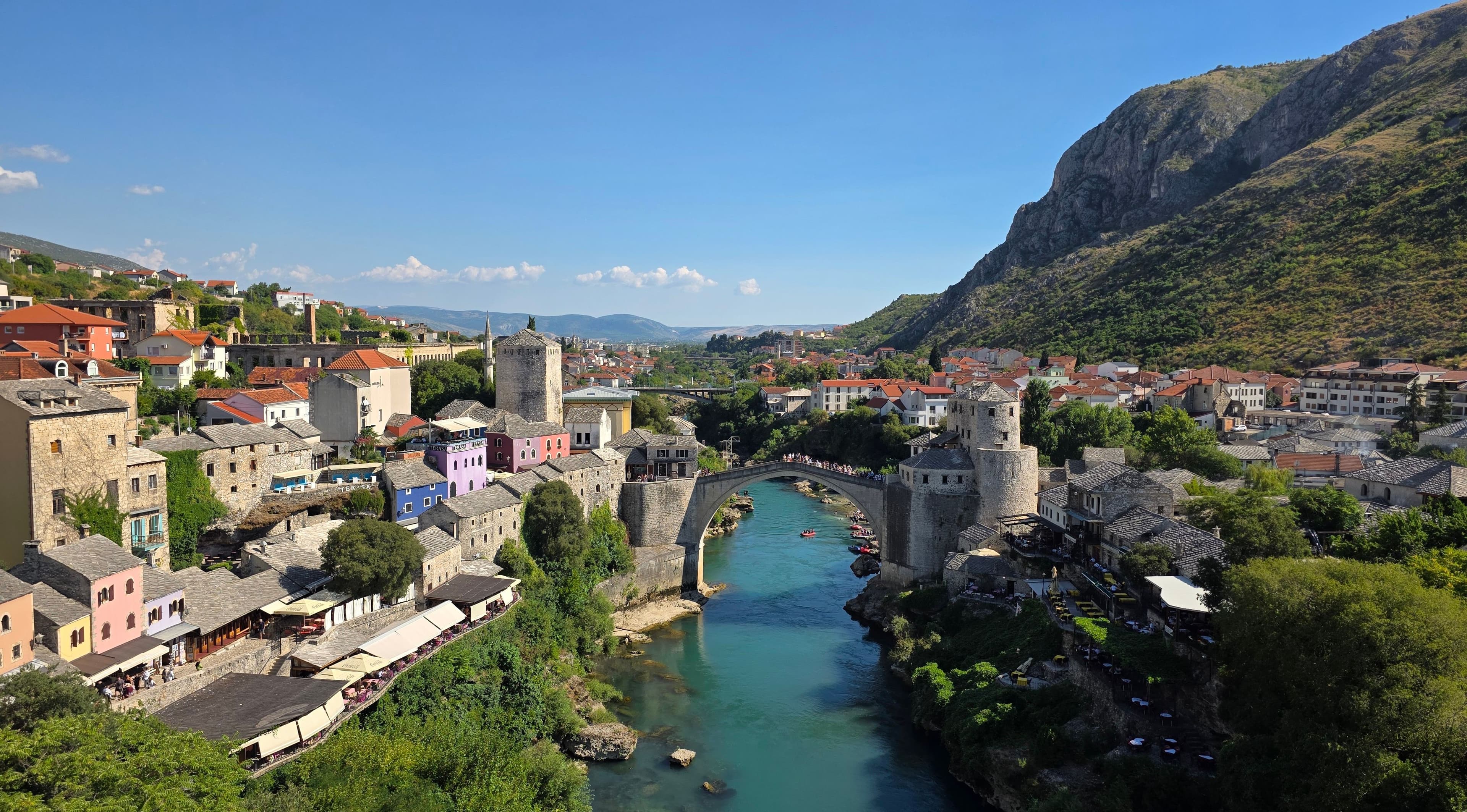 Stari Most bridge and Mostar old town over the Neretva River.