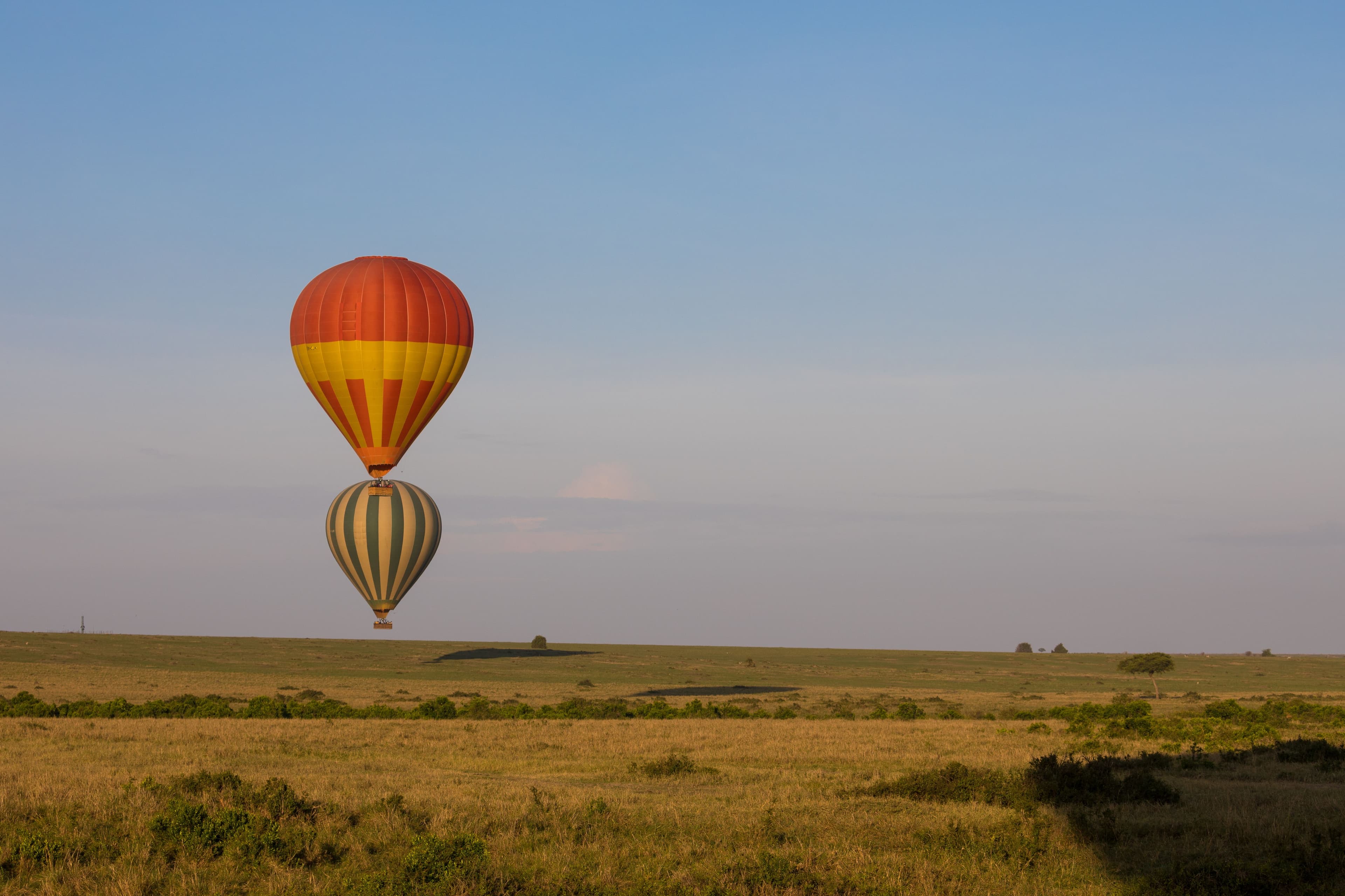 Two balloons floating over the Mara at dawn