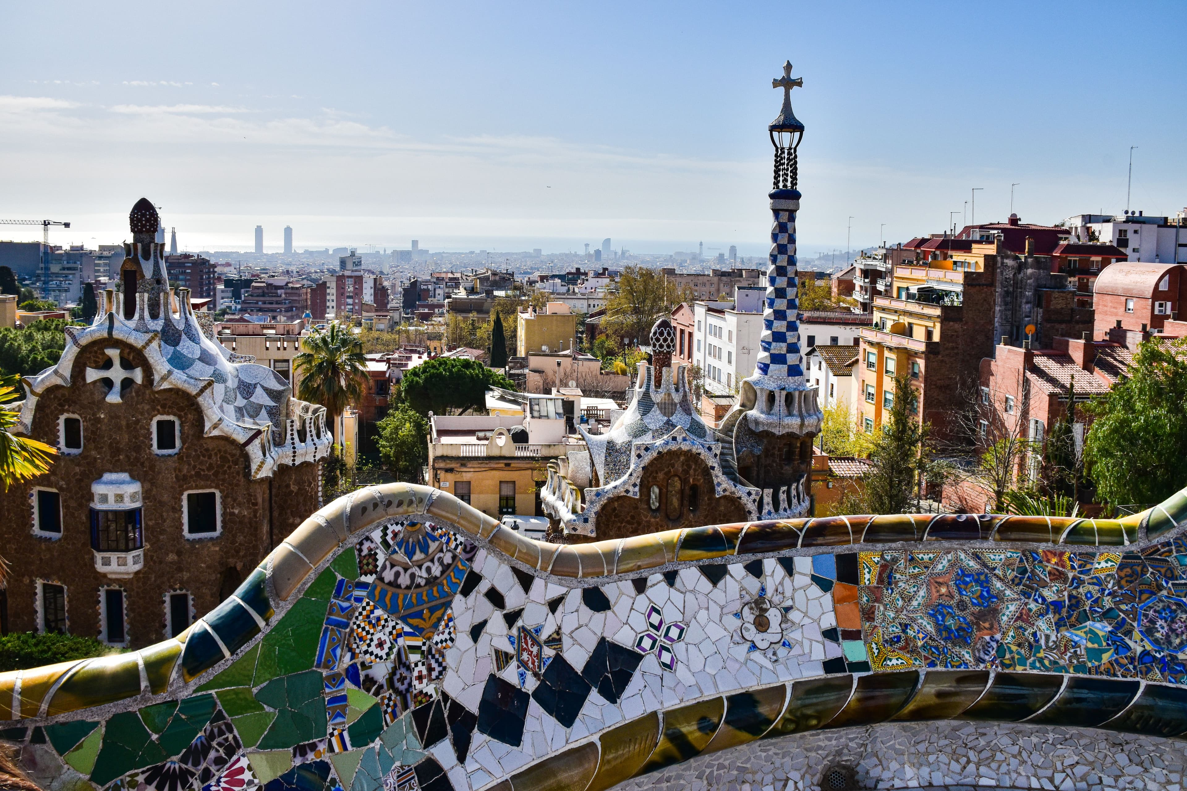Iconic mosaic bench overlooking the park and city.