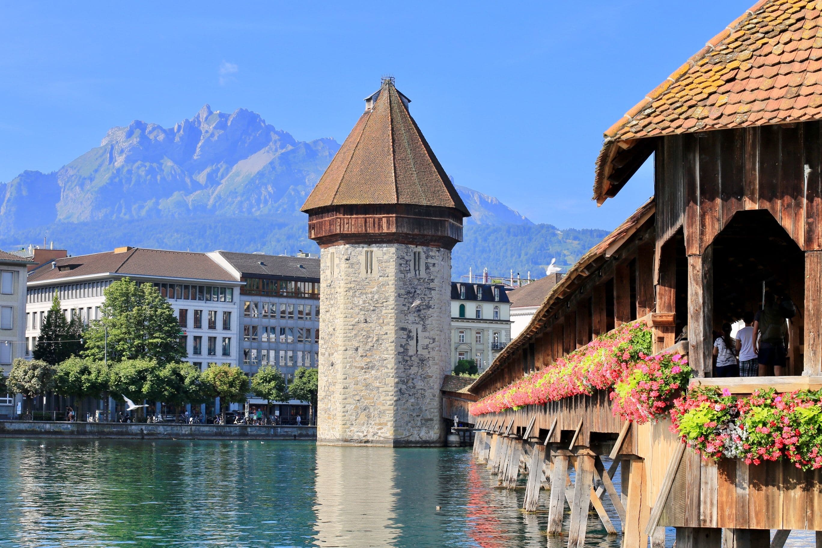 Stunning composition of Chapel Bridge with Mt. Pilatus.