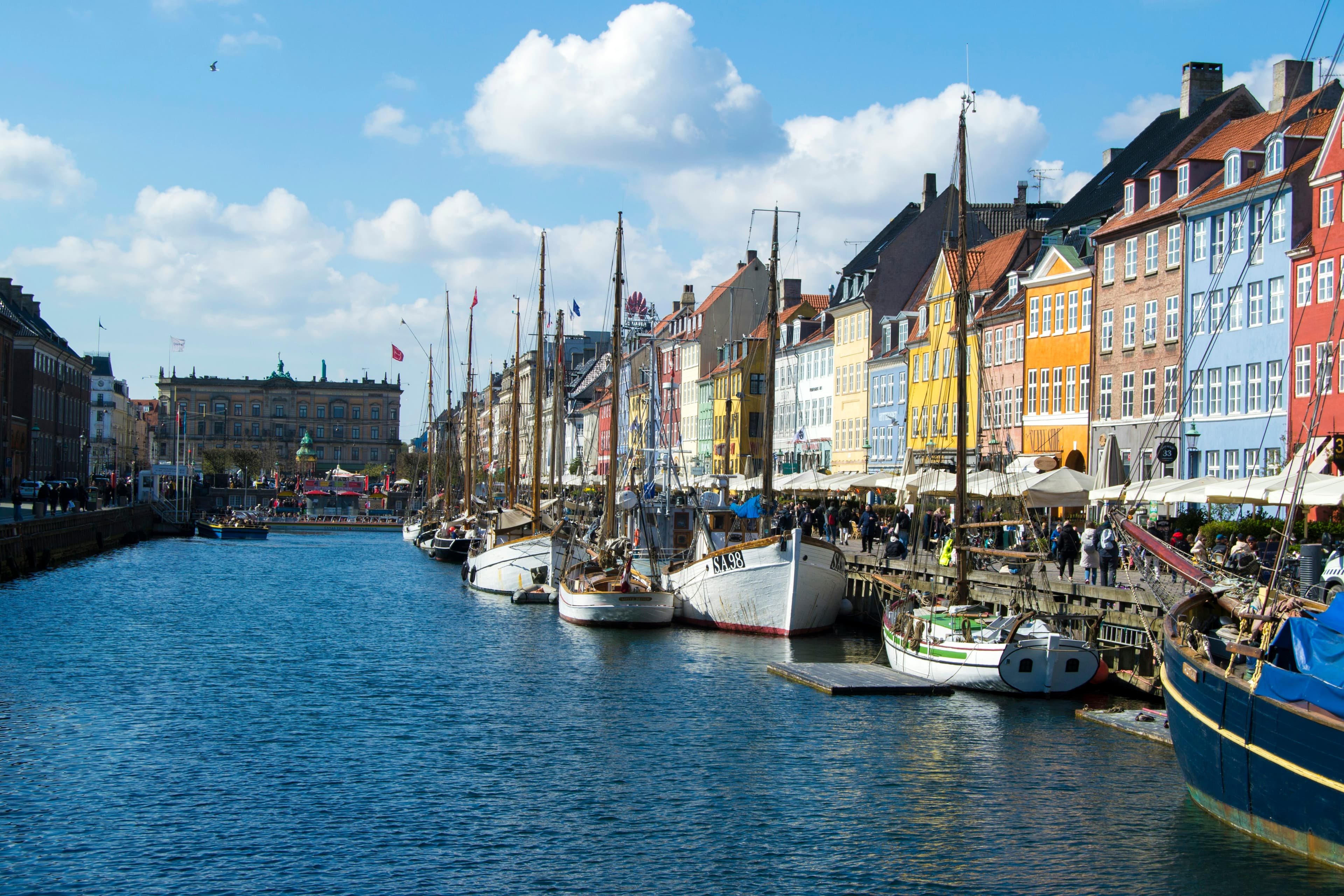 Beautiful panoramic view of Nyhavn canal on a sunny day.