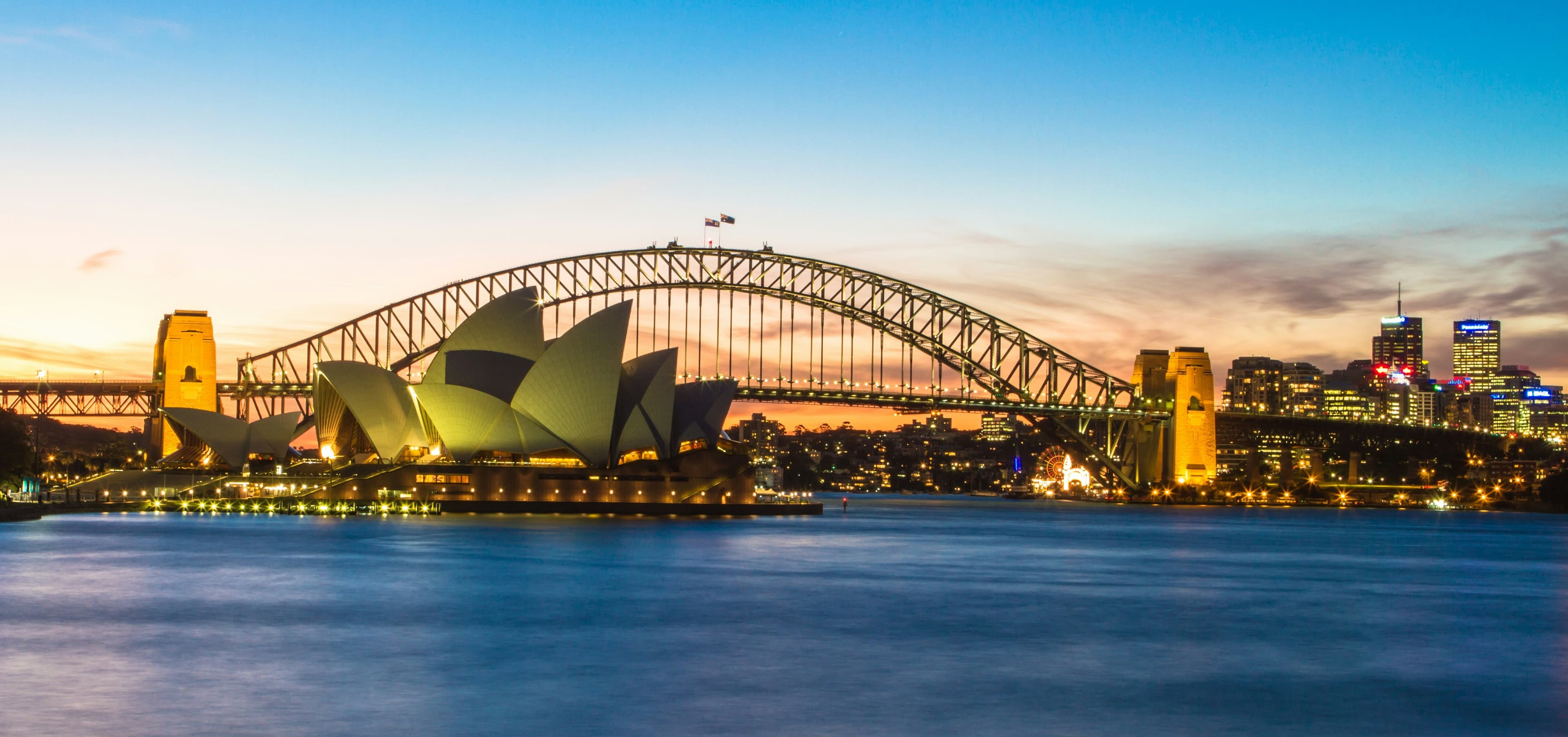 Panoramic sunset view of Sydney's most famous landmarks.
