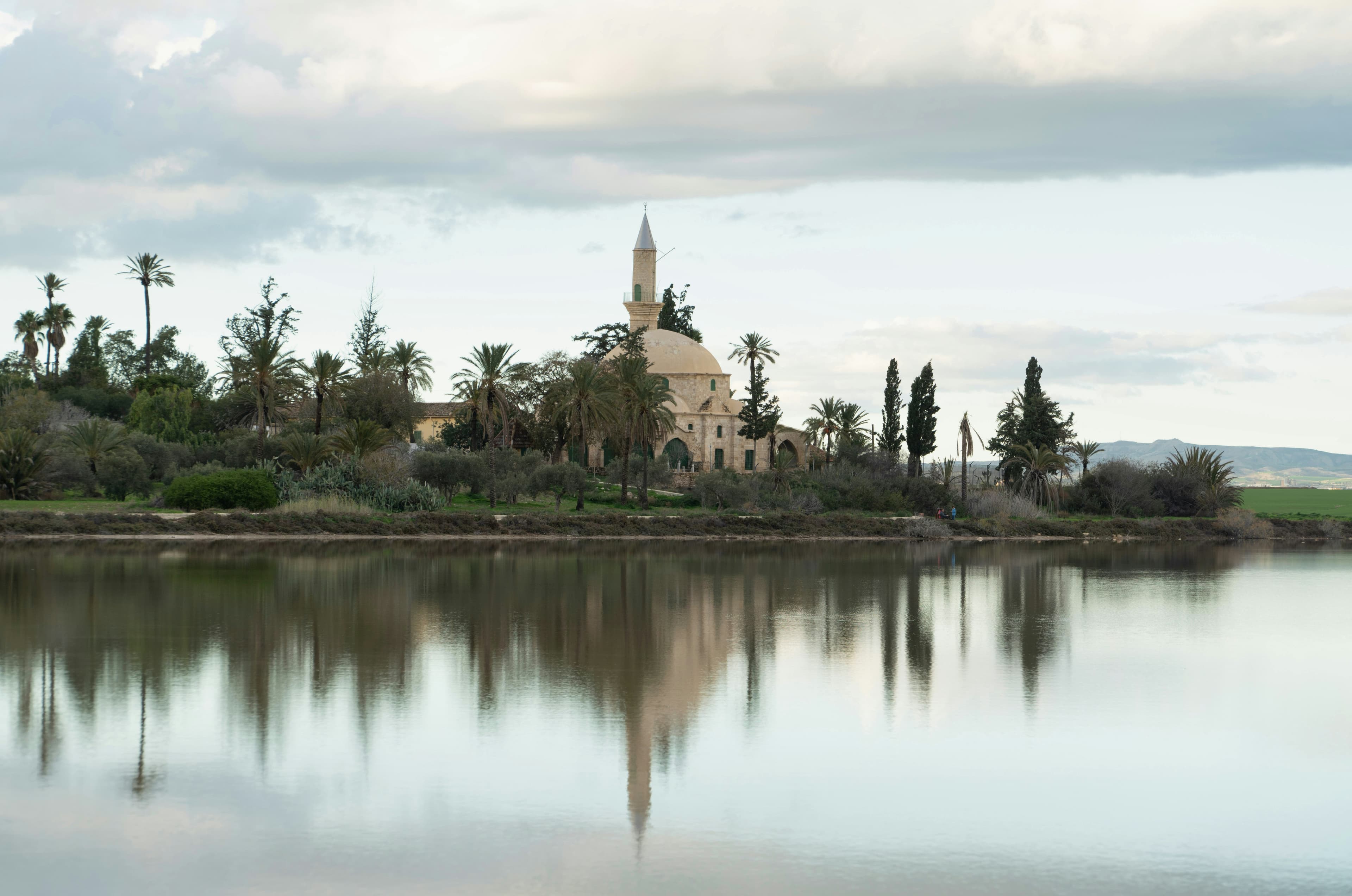 Iconic Hala Sultan Tekke Mosque reflected in the Larnaca Salt Lake.
